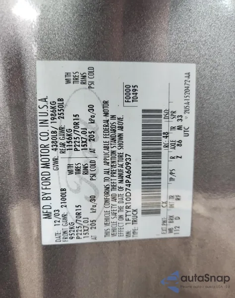 2004 Ford Ranger из США, поврежденный, VIN 1FTYR10D74PA60937